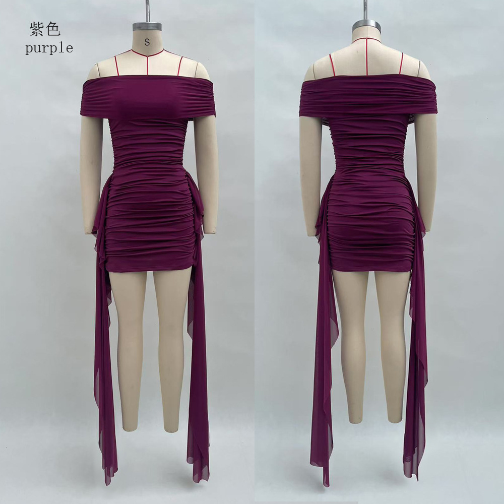 Women's Off-Shoulder Ruched Bodycon Mini Dress with Draped Tie