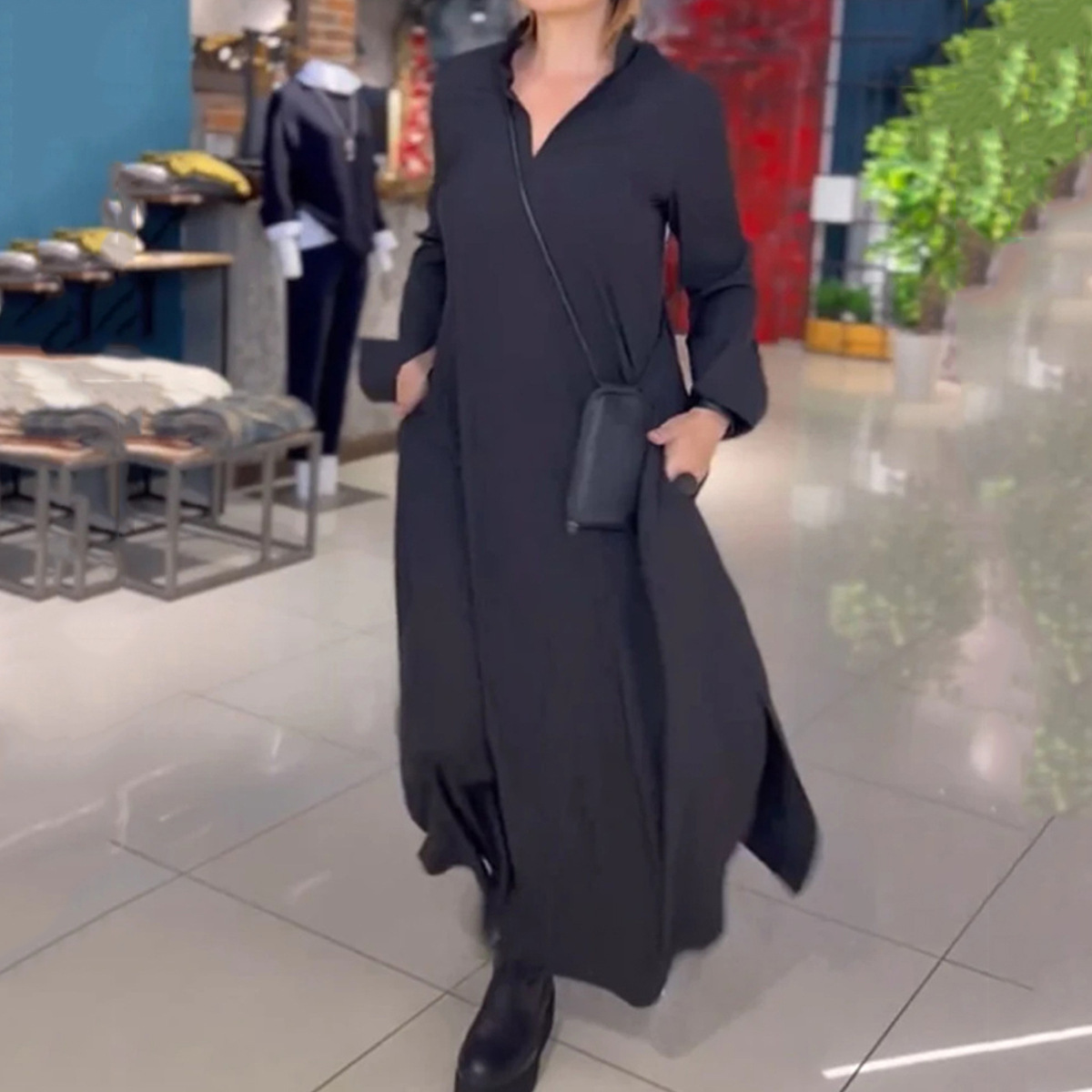Women's Solid V-Neck Long Sleeve Loose Flowy Maxi Dress