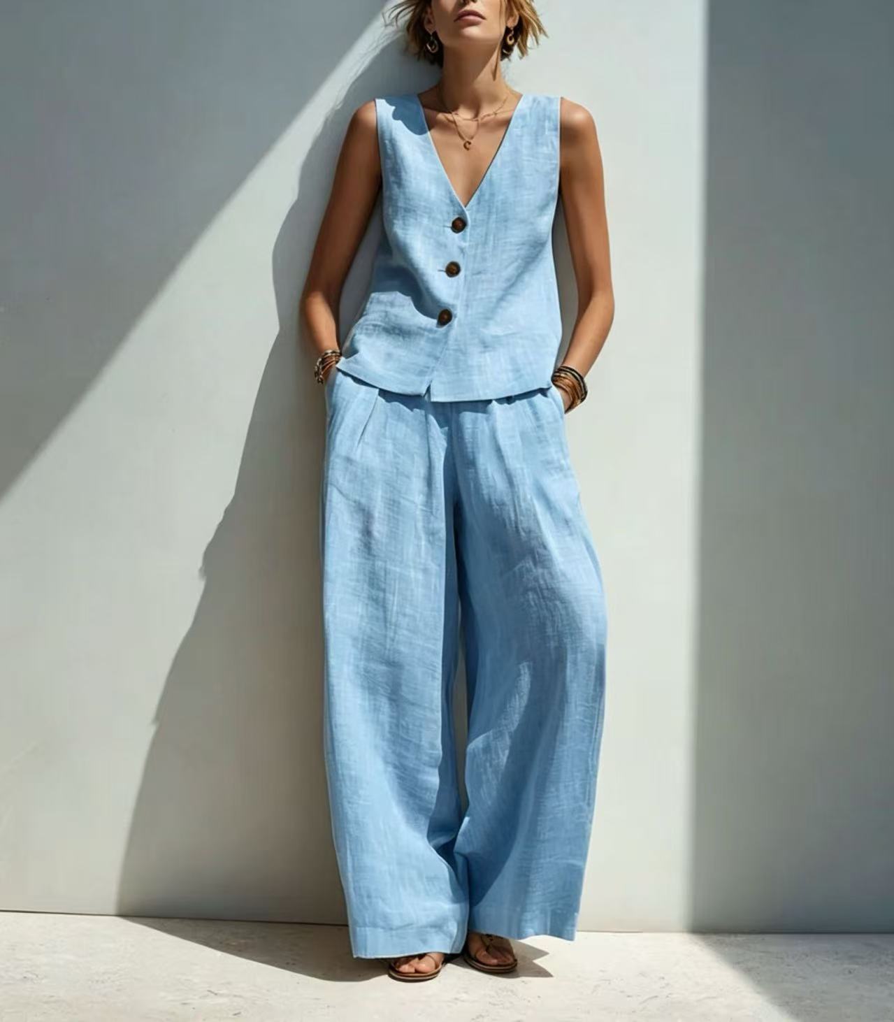 Linen-Blend V-Neck Button Tank Top & High-Waist Wide-Leg Pants Set