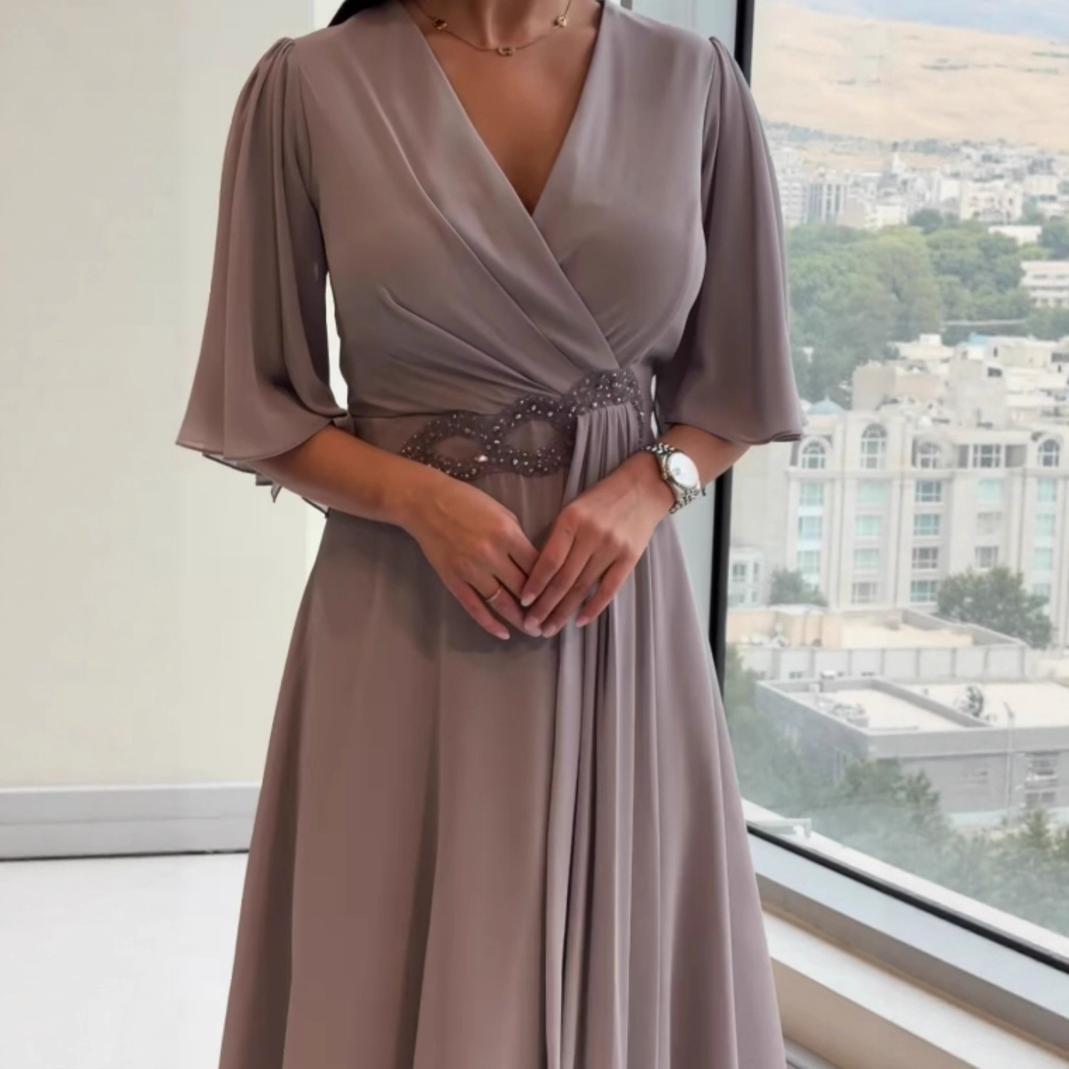Solid V-Neck Long Sleeve Maxi Dress