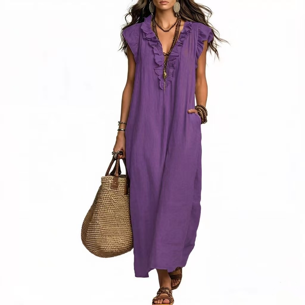 Women's V-Neck Ruffle Loose Long Dress with Pockets