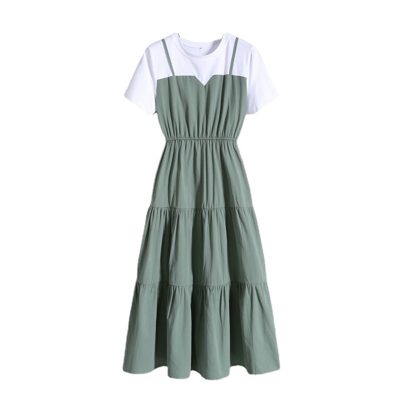 Women's Short Sleeve Faux Two-Piece A-Line Dress with Waist Cinch