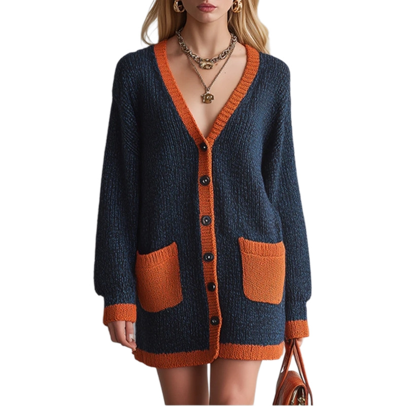 Women's V-Neck Knit Cardigan Loose Colorblock Long Sleeve Orange