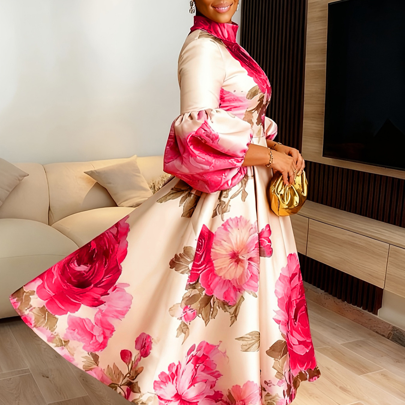 Vintage Floral Print High Neck Long Dress