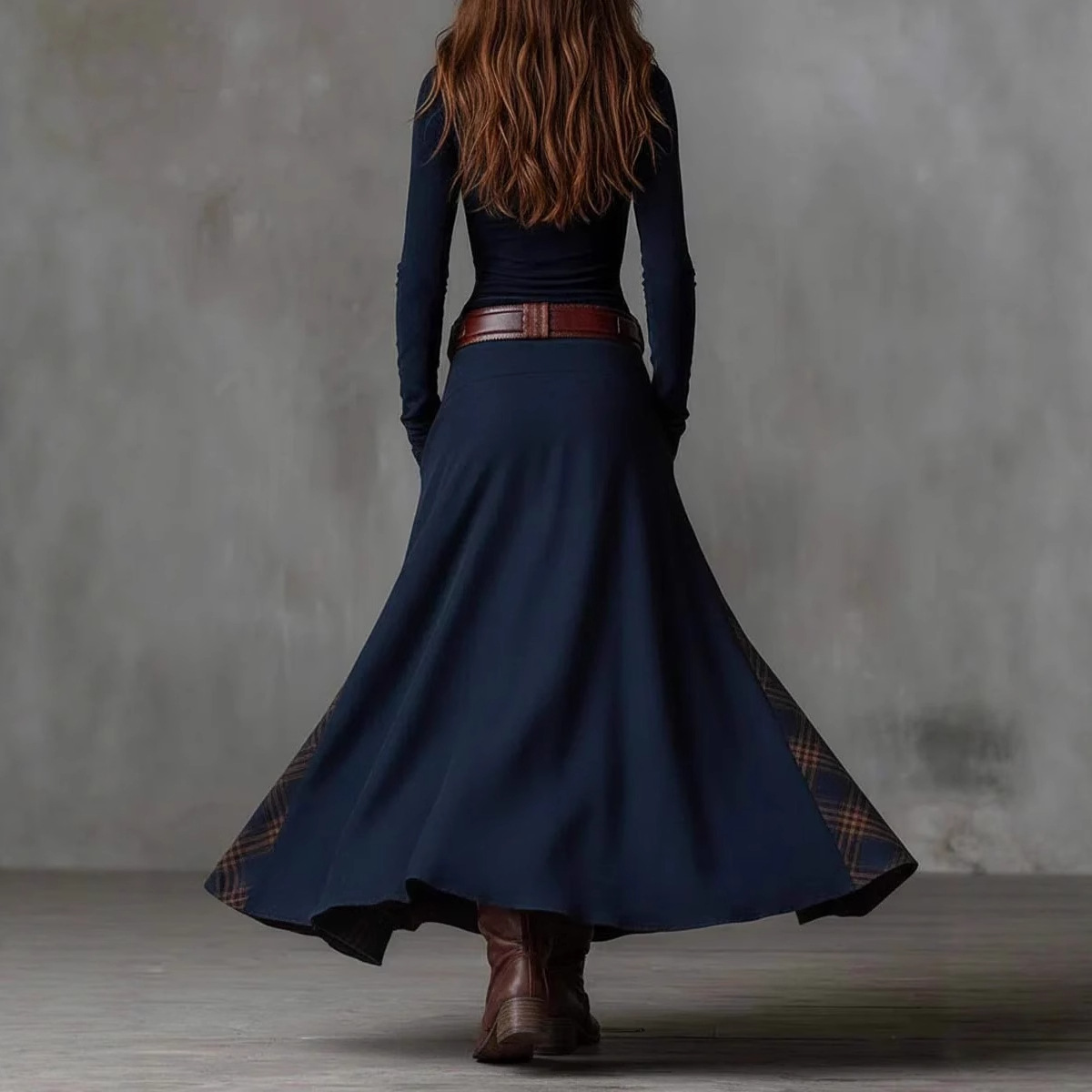 Retro Patchwork Wide-Leg High-Waist Long Sleeve Maxi Dress