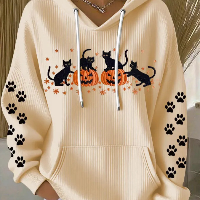 Women's Halloween Cat Pumpkin Paw Print Hoodie
