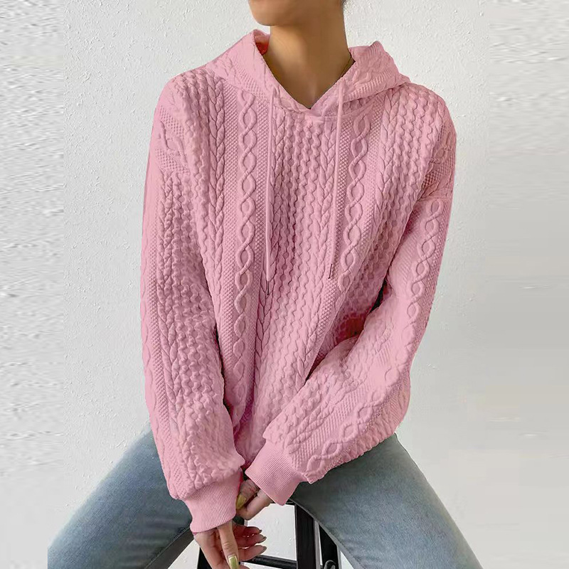 Plus Size Jacquard Hooded Lace-Up Long Sleeve Knit Sweatshirt