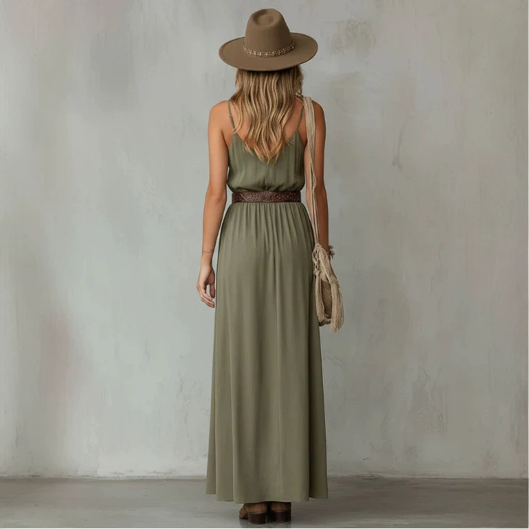 Retro V-Neck Sleeveless Chiffon Maxi Dress with Slit