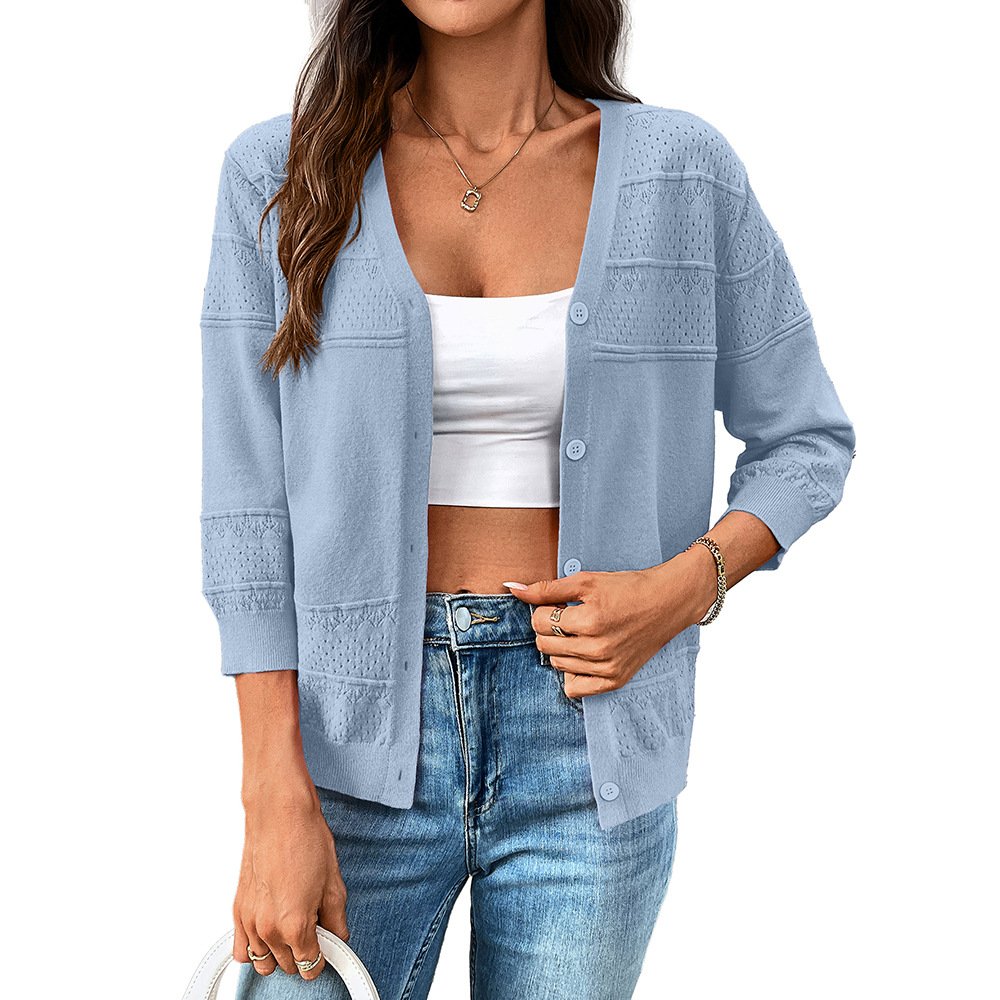 Women's Lightweight Openwork Knit V-Neck Cardigan with Three-Quarter Sleeves