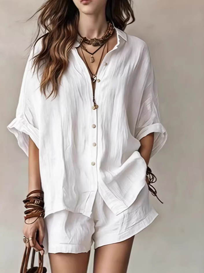 Women's Solid Color Loose Button-Front Shirt and Shorts Casual Set