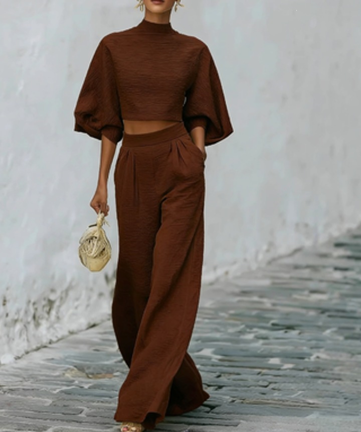 Women's Casual Two-Piece Set Cropped Top High-Waist Pants