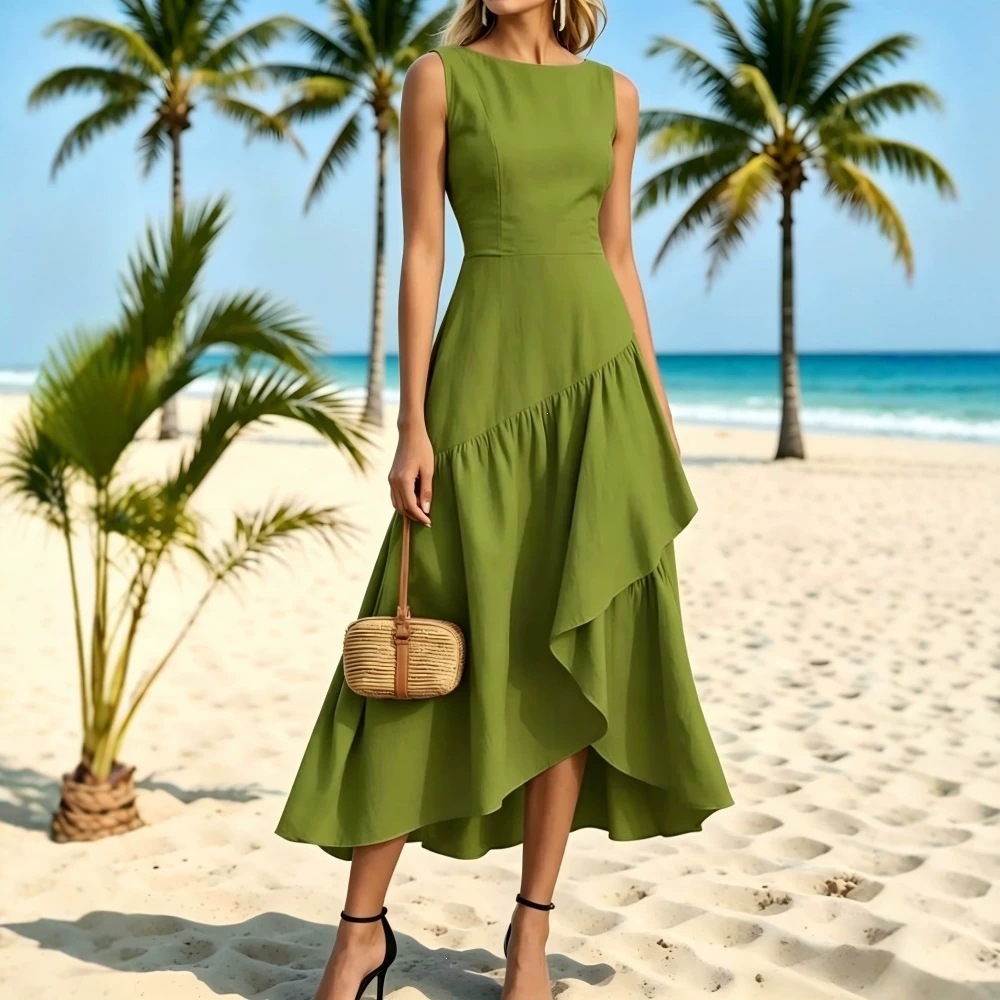 Mesh Panel Sleeveless Long Dress with Cinched Waist