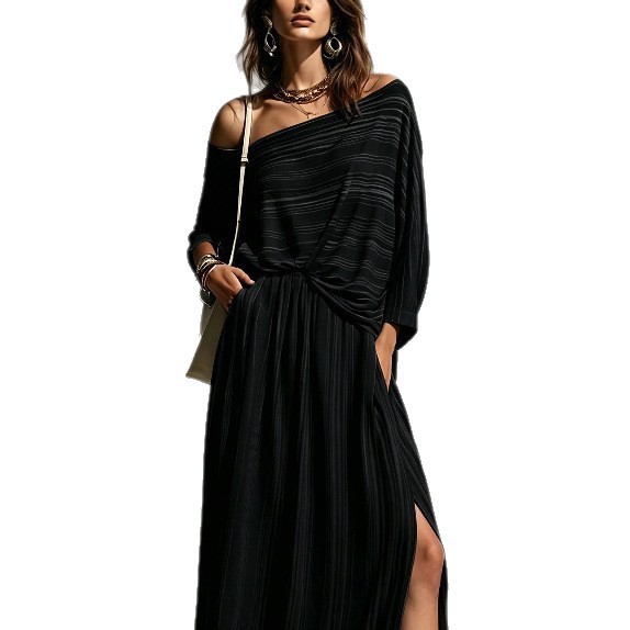 Striped Off-Shoulder Batwing Sleeve Top and High-Waist Long Skirt Set
