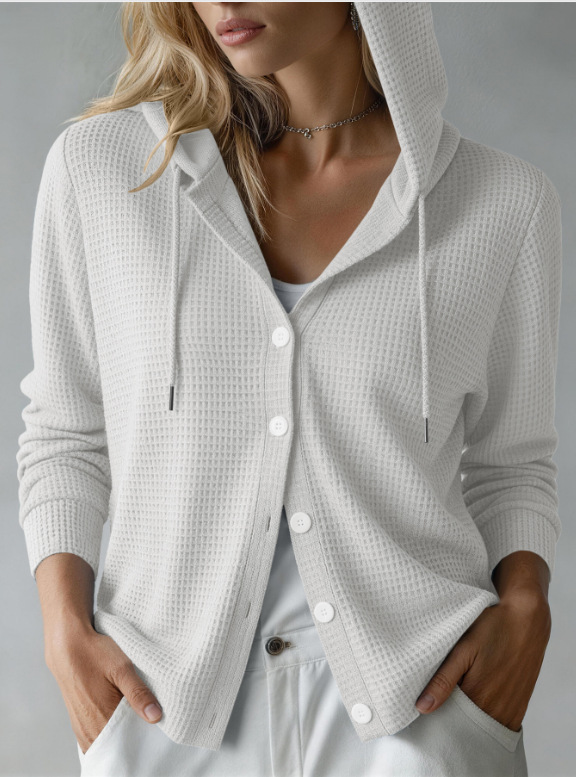 Waffle Knit Hooded Button-Front Cardigan
