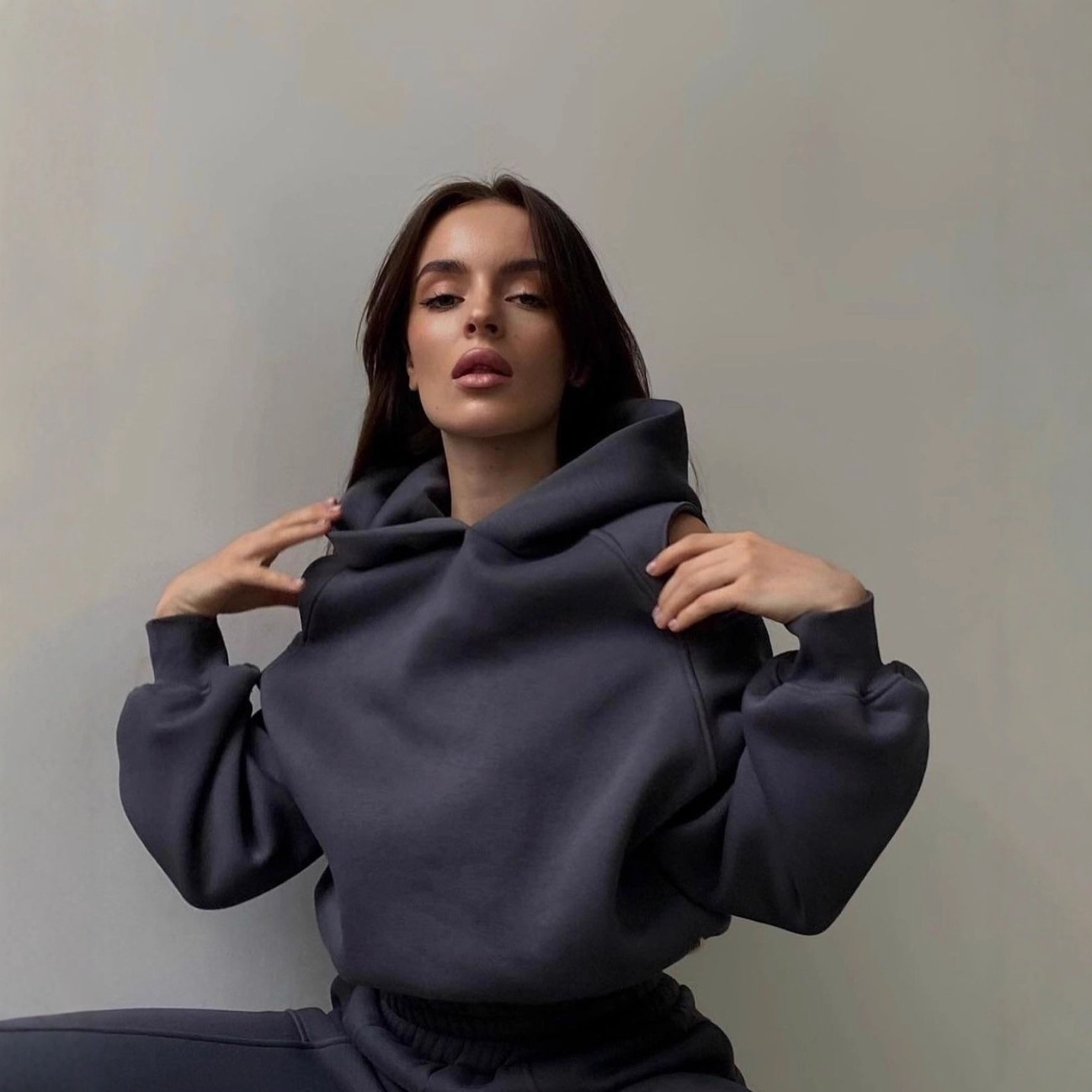 Solid Color Hooded Pullover Sweatsuit with Cold Shoulder Cutouts