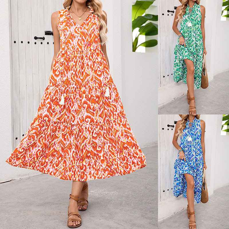 Women's Sleeveless Floral Ruffle Midi Dress V-Neck Vacation