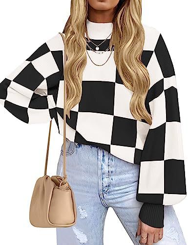 Women's Striped Ribbed Knit Turtleneck Long Sleeve Loose Pullover Sweater