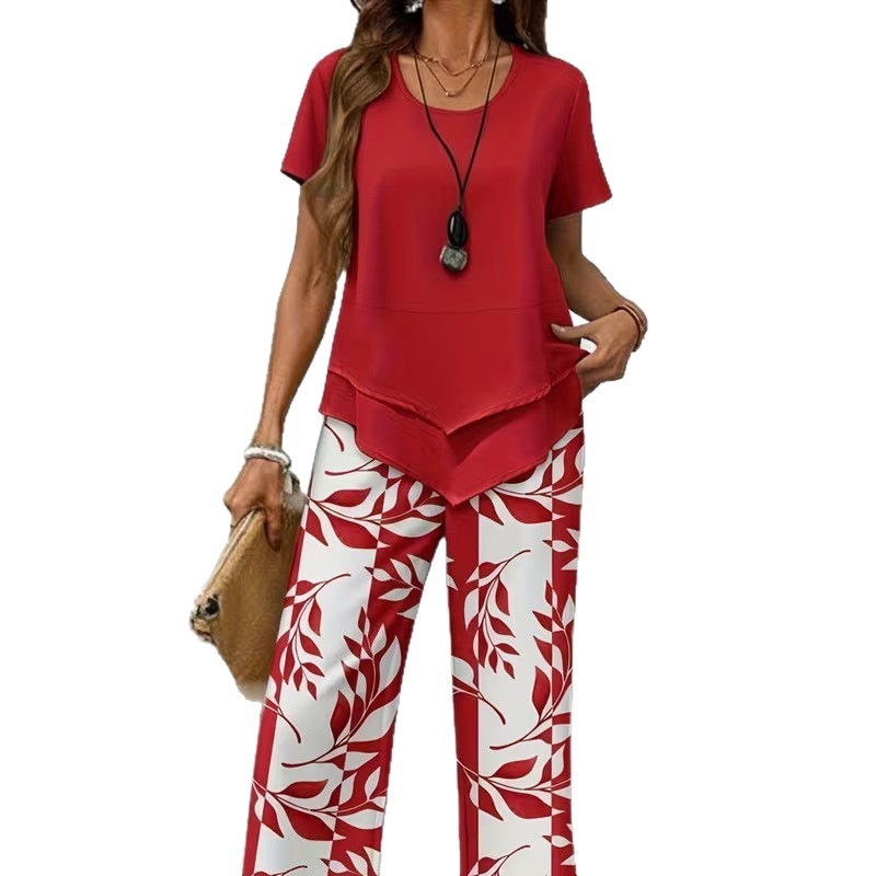 Women's Short Sleeve High Waist Wide Leg Pants Two-Piece Set