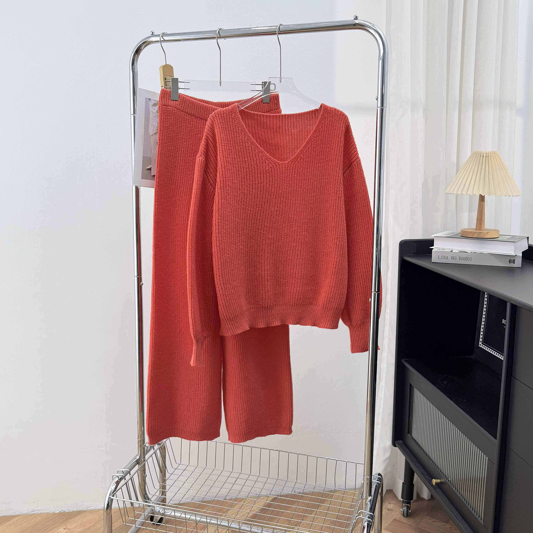 Women's V-Neck Loose Knit Top & Wide-Leg Pants Two-Piece Sweater Set