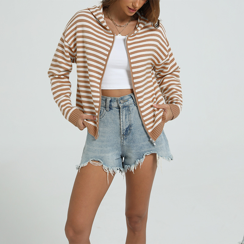 Women's Casual Hooded Striped Colorblock Knit Zip Cardigan