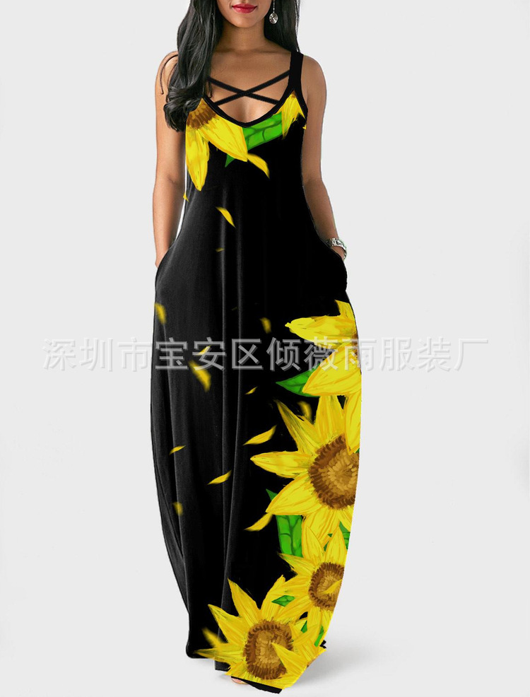 Summer High-Waist Digital Print Sleeveless Bodycon Midi Dress