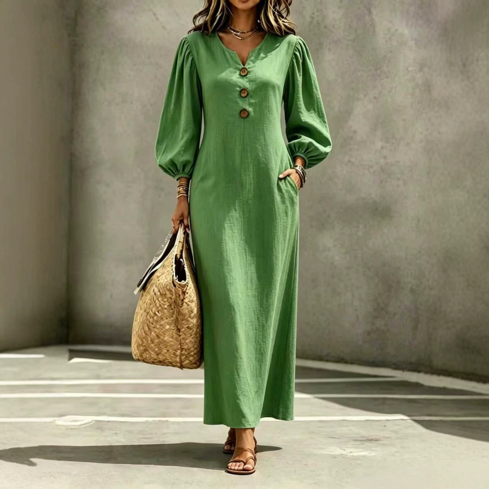 V-Neck Wooden Button Bubble Sleeve Loose Long Dress