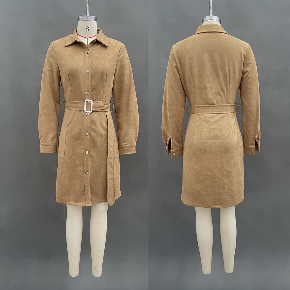 Suede Long Sleeve Collared Button-Front Shirt Dress