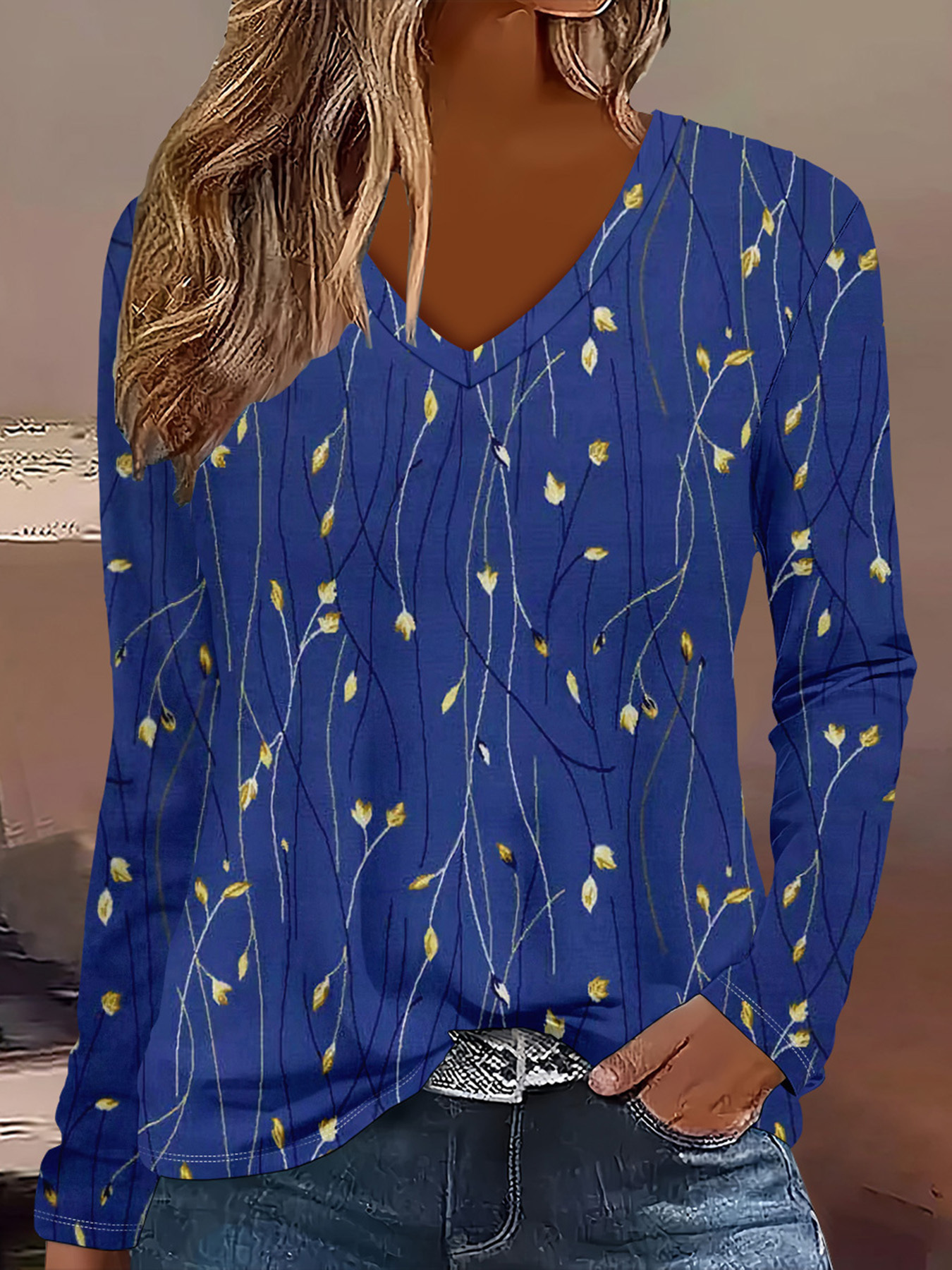 Bohemian Floral V-Neck Long-Sleeve Loose Casual T-Shirt