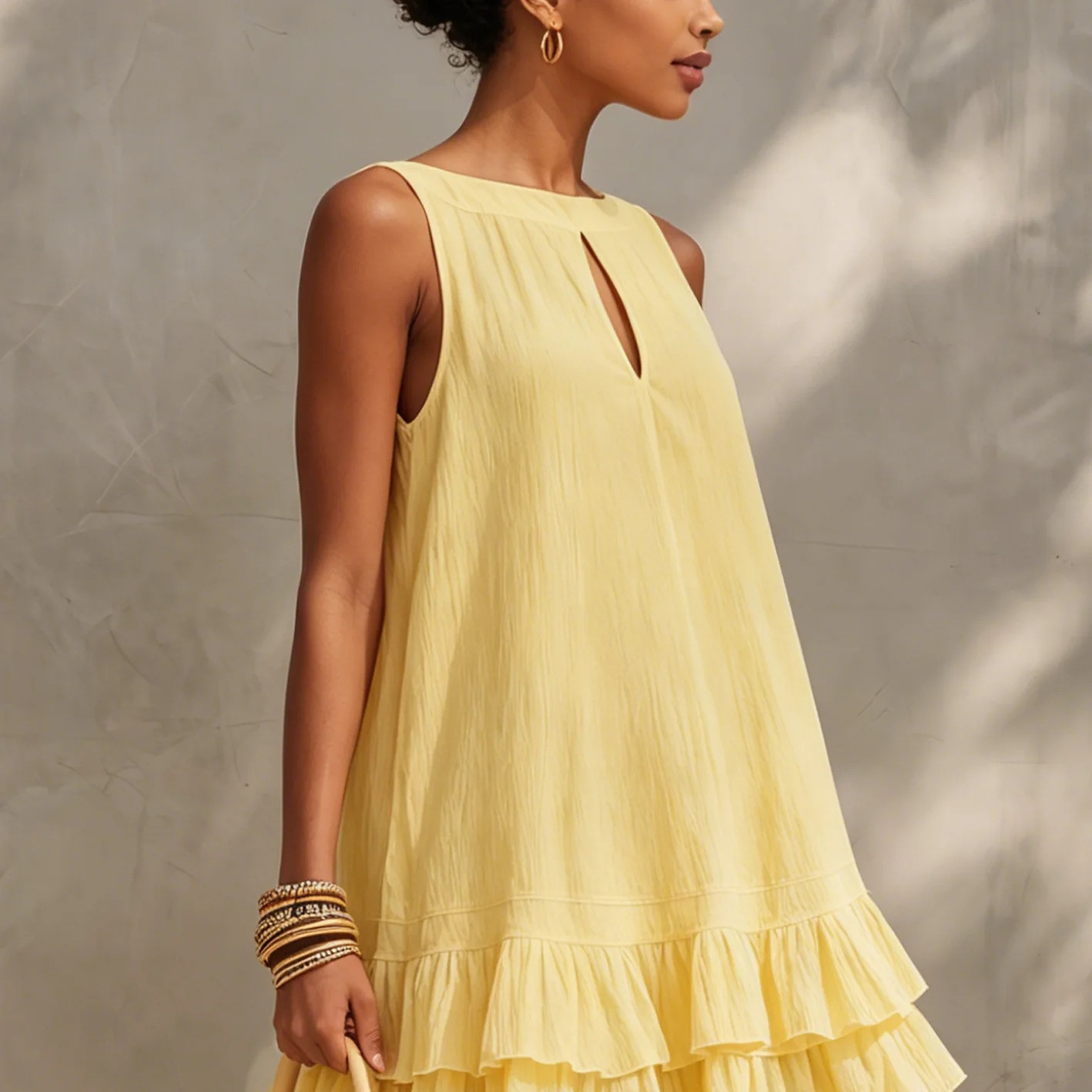 Light Yellow Textured Boat Neck Sleeveless A-Line Dress with Cutout and Double Ruffle