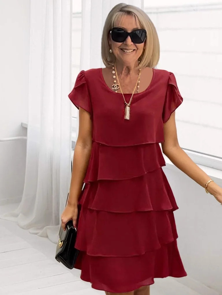 Summer Short Sleeve Tiered Dress Solid Color Round Neck