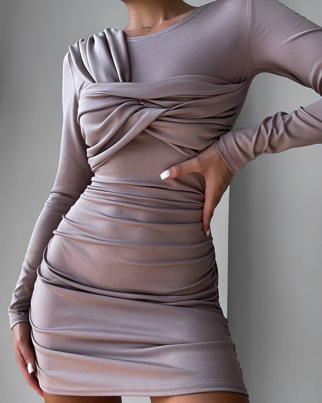 Ruched Long-Sleeve Bodycon Dress Solid Color