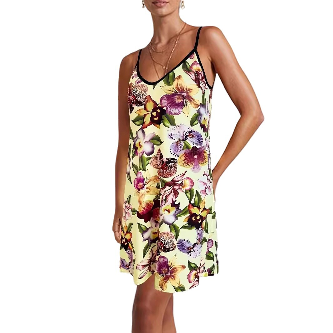 Floral Print Sleeveless Midi Dress with Round Neck