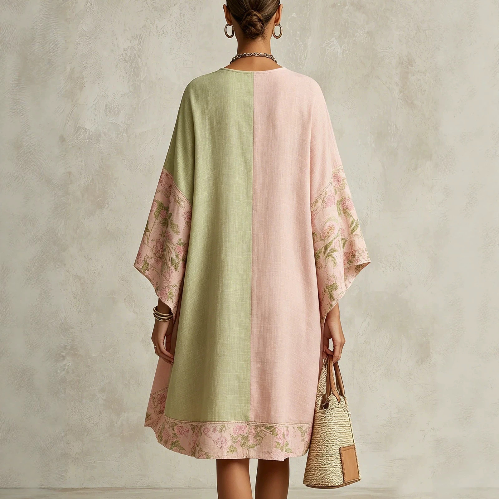 Color-Block V-Neck Loose Floral Print Bell Sleeve Irregular Vacation Dress