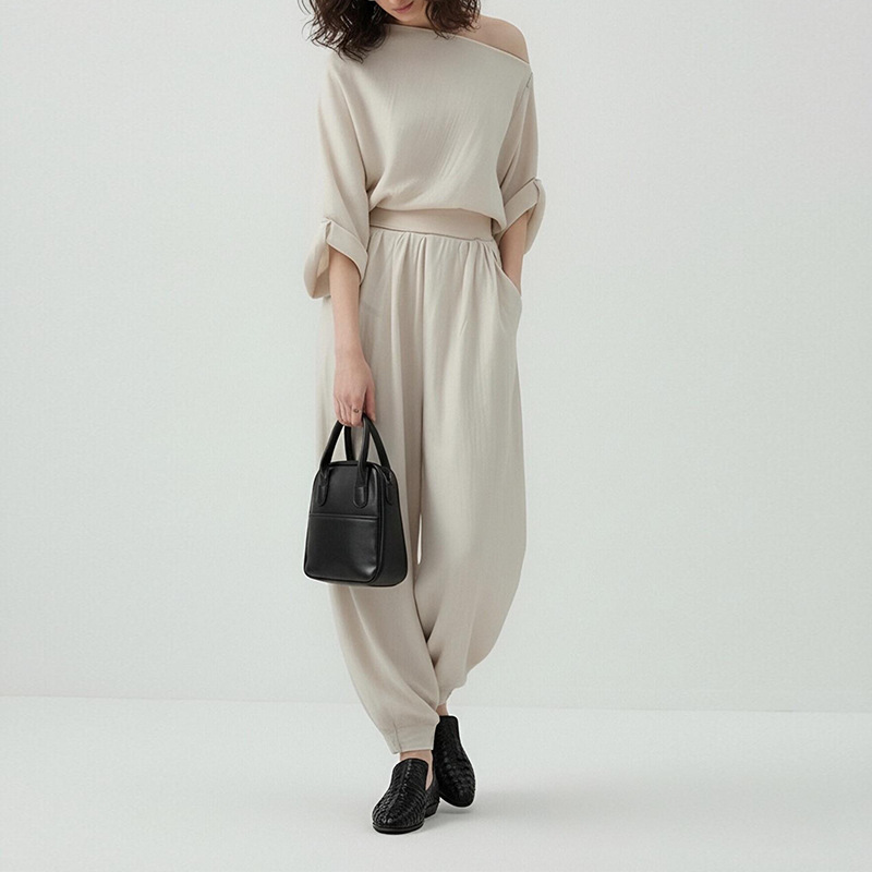 Women's One-Shoulder Top & Solid Pants Two-Piece Set