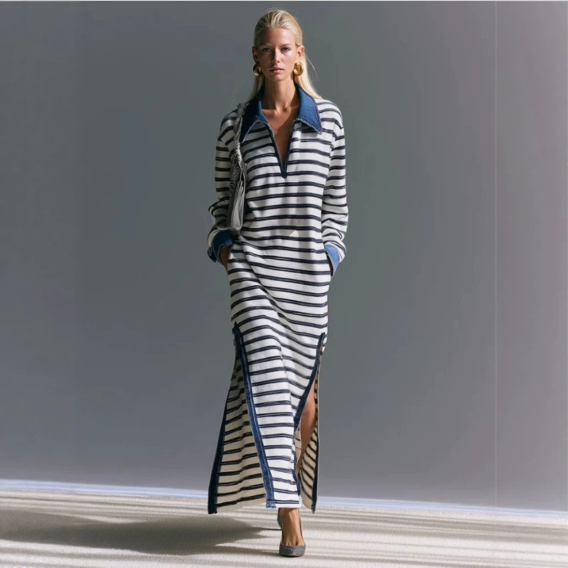 Retro Striped Long Sleeve Denim Collar Dress with Slit