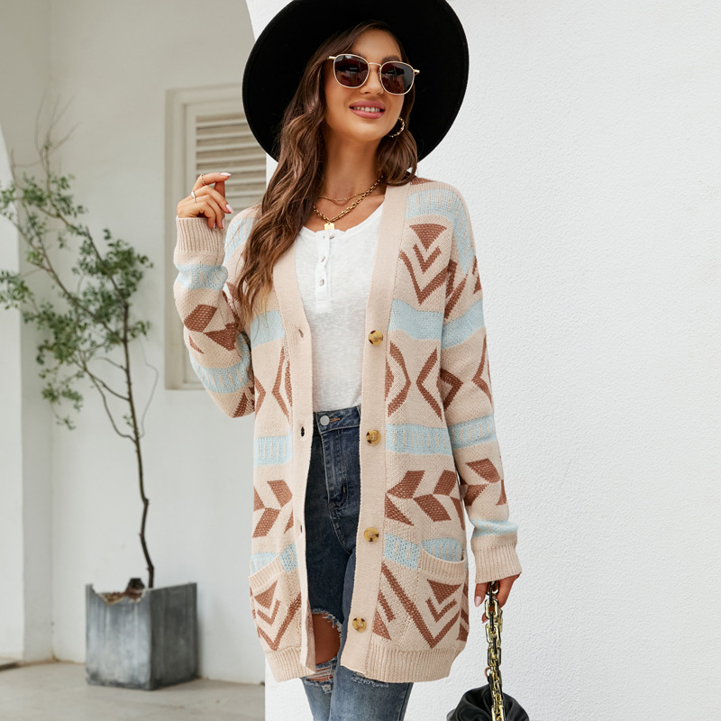 Women's Diamond Jacquard Knit Cardigan Loose Midi Sweater Coat
