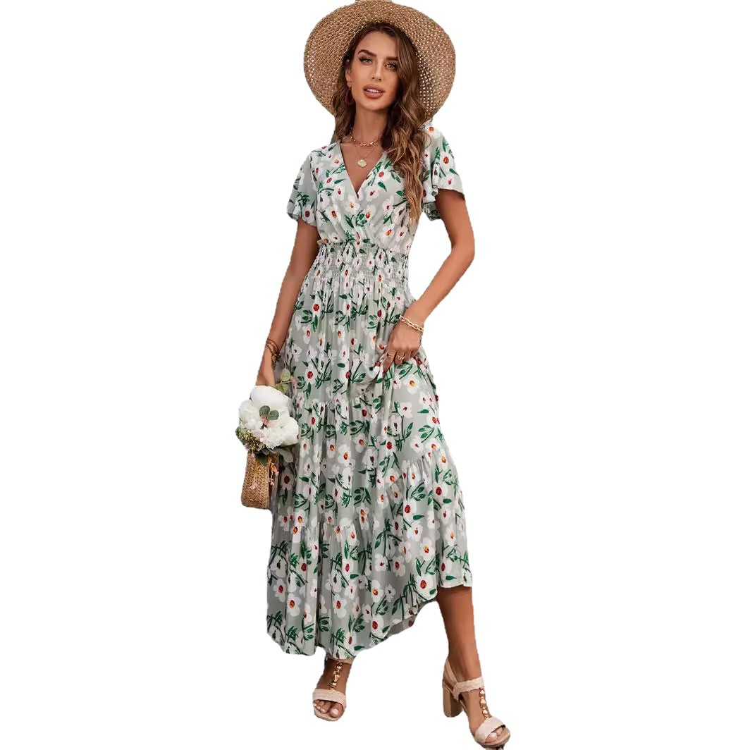 V-Neck Floral Print Tiered Maxi Dress with Smocked Waist