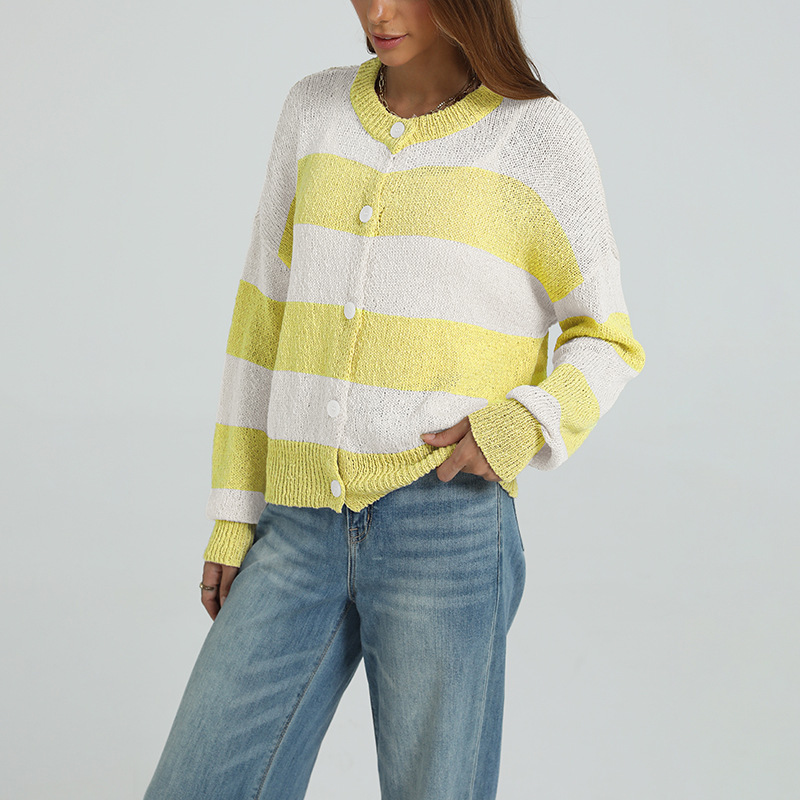 Striped Knit Cardigan Long Sleeve Round Neck Button-Up Sweater