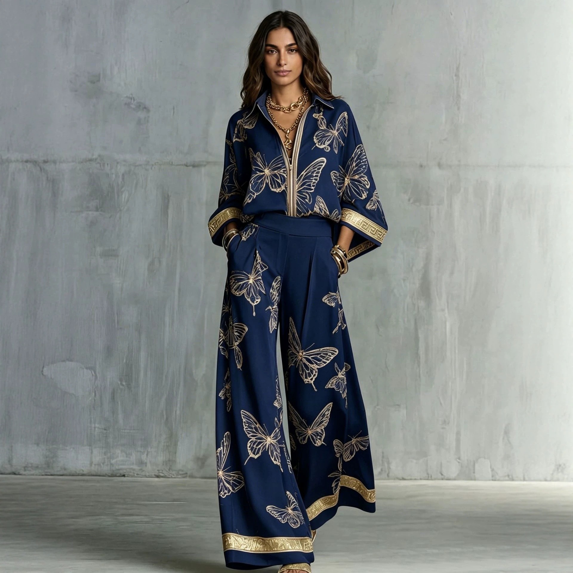 Women's Vintage Print Deep V Zip Top & Wide-Leg Pants Set