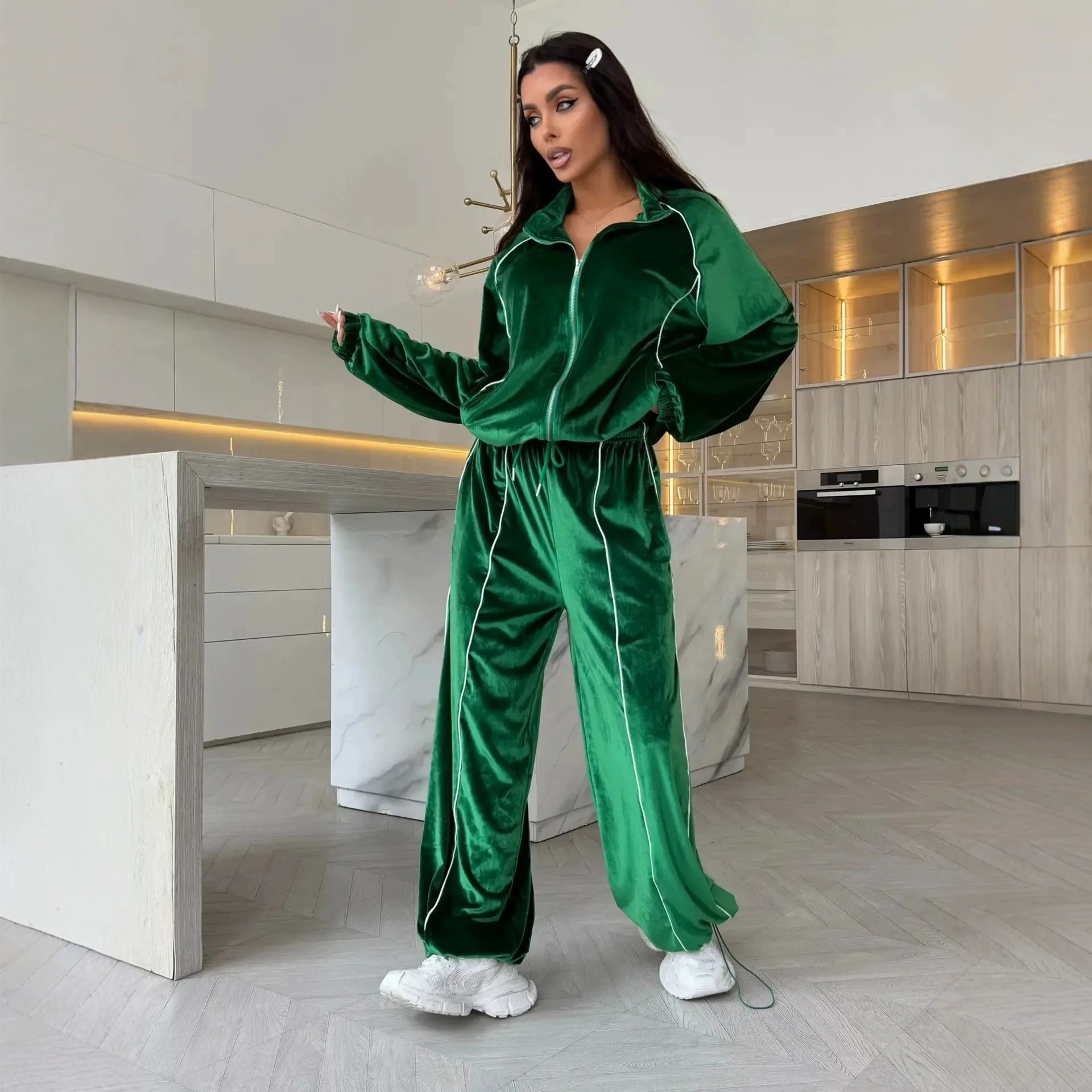 Velvet Striped Track Set with Zip-Up Stand Collar Jacket and Drawstring Wide-Leg Pants