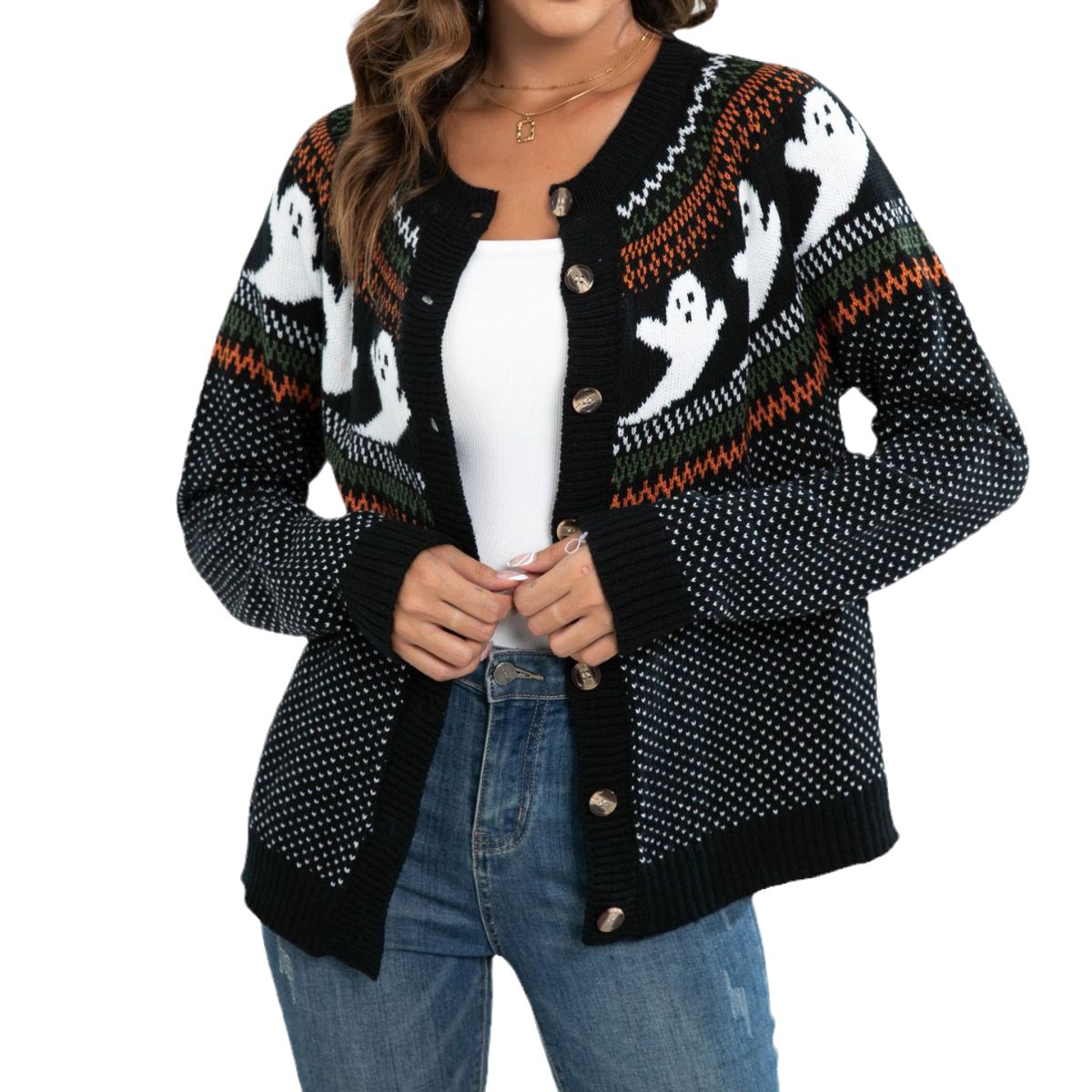 Halloween Ghost Polka Dot Long Sleeve Knit Cardigan Sweater Women Loose