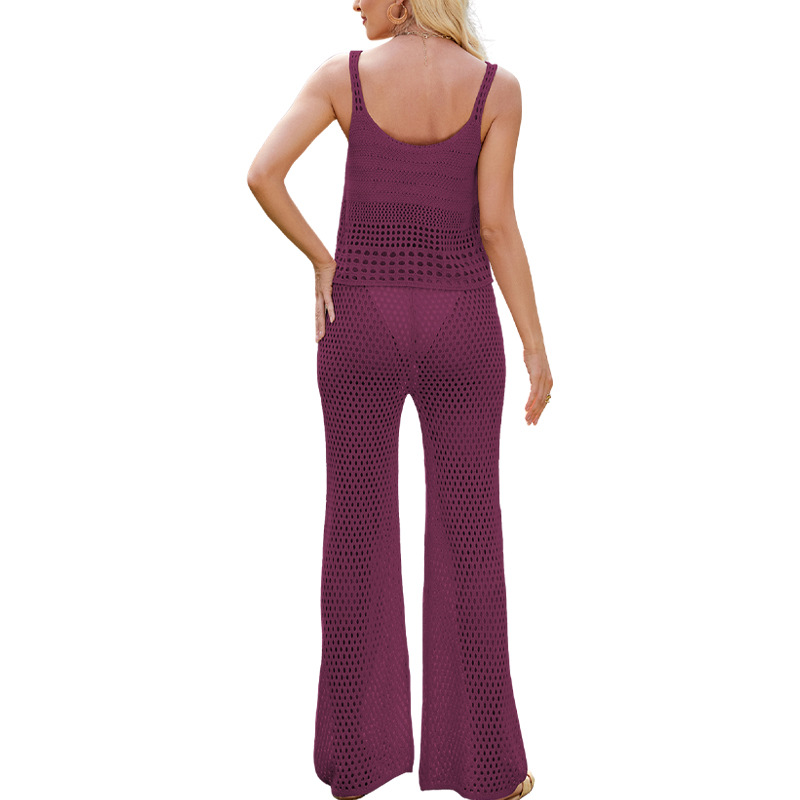Women's Knit Crop Tank Top Set Hollow-Out Sleeveless Beachwear