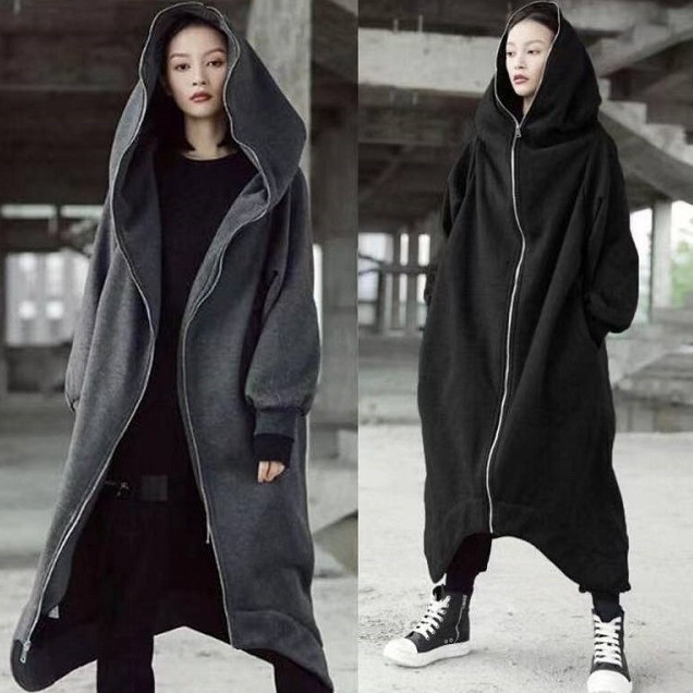 Women's Zip-Up Hooded Fleece-Lined Long Streetwear Sweatshirt