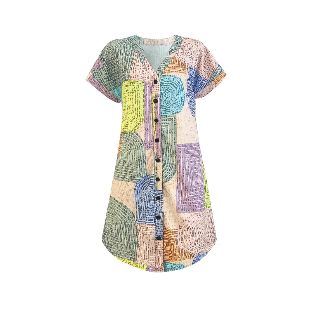 Geometric Print V-Neck Button Short Sleeve Loose Casual Dress