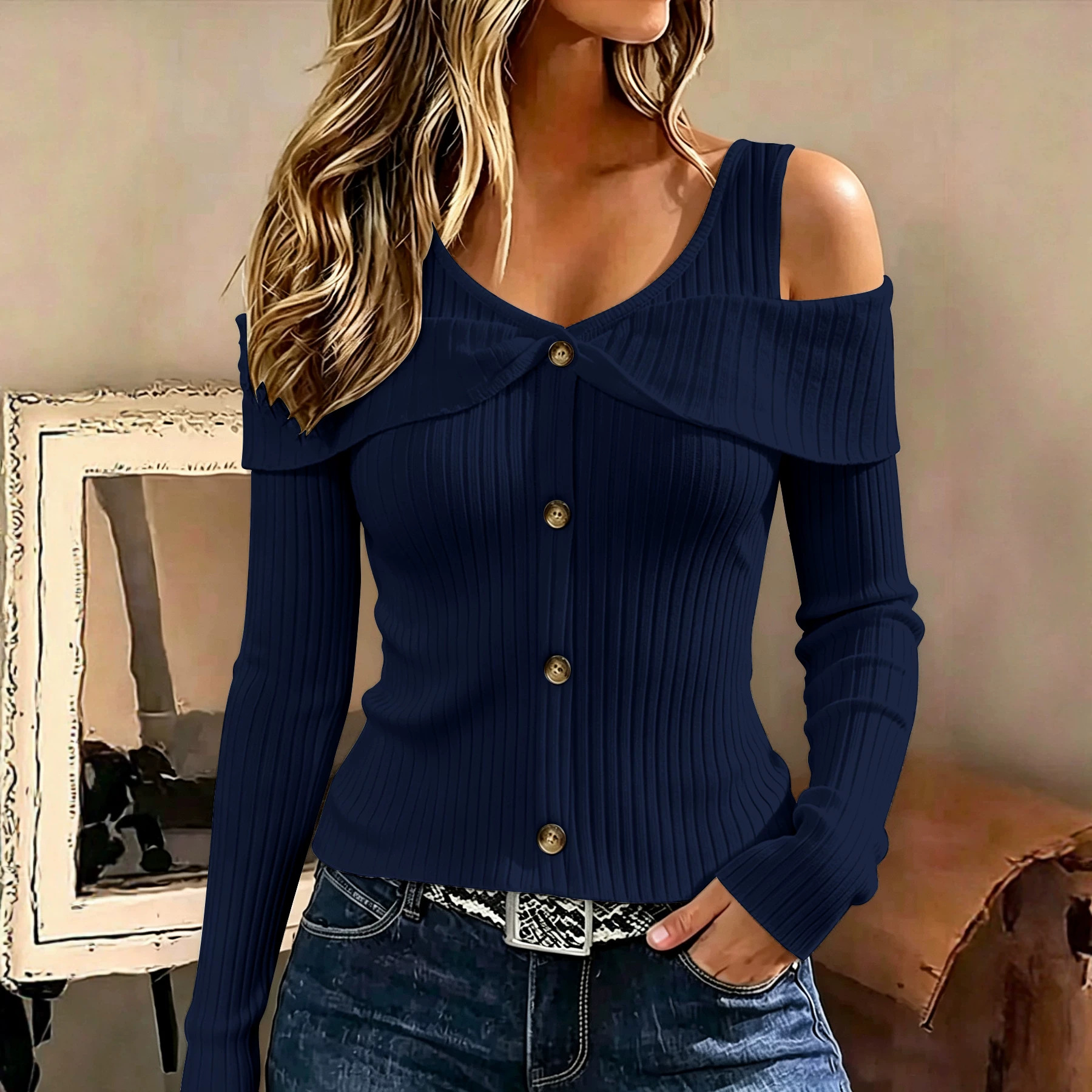 TUME Slim Fit Solid Ribbed Off-Shoulder Long Sleeve T-Shirt