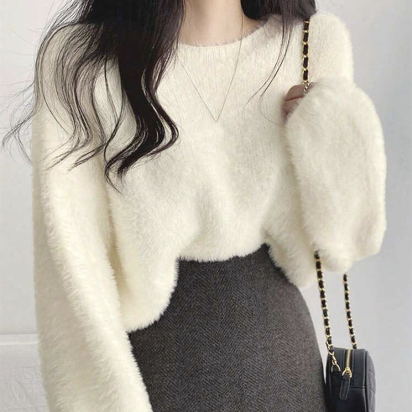 Faux Mink Velvet Crewneck Pullover Sweater Women's Long Sleeve Knit Top