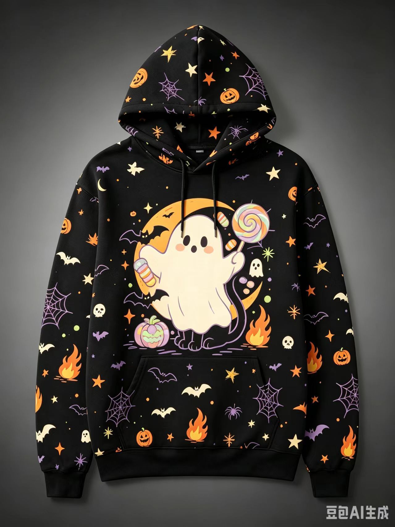 Women's Halloween Print Hoodie Cat Ghost Pullover