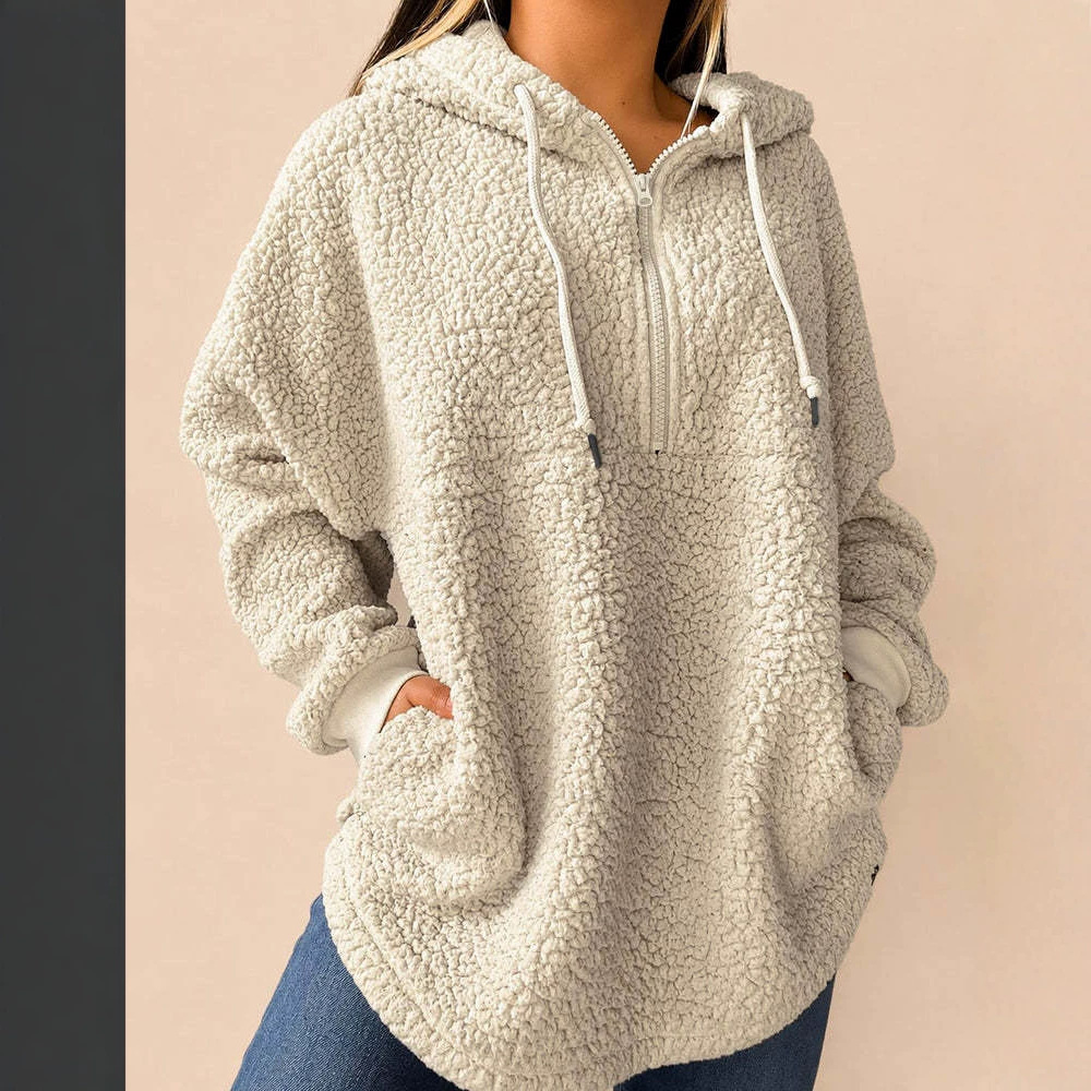 Women's Half-Zip Fleece Hoodie Loose Fit Drawstring Split Hem Pullover