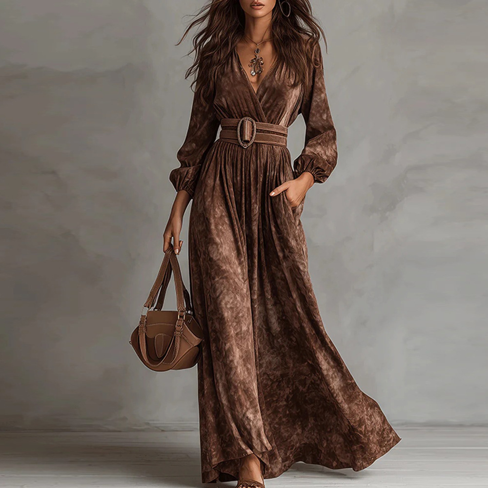Women's V-Neck Long Sleeve Waist-Cinched A-Line Maxi Dress