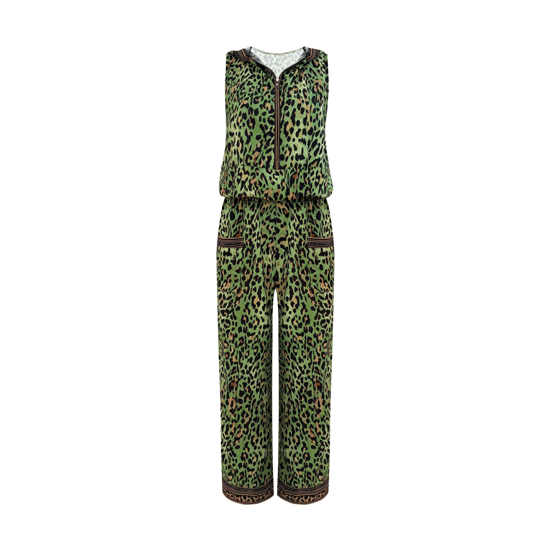 Leopard Print Sleeveless Hooded Vest & Wide-Leg Pants Set with Side Pockets